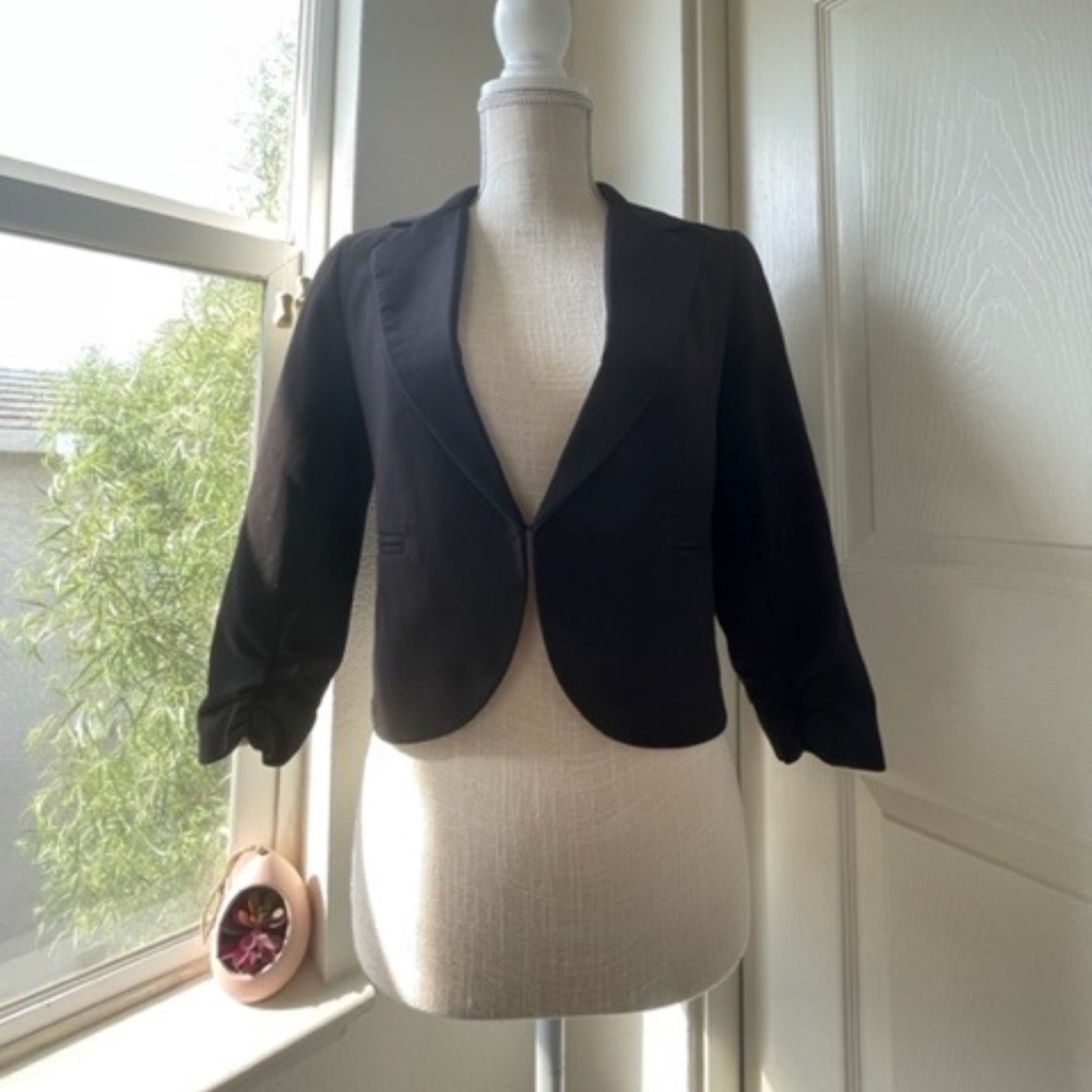 My Bajee Collection By Be Cool | Black Satin Lined Ruched Sleeve Blazer Jacket